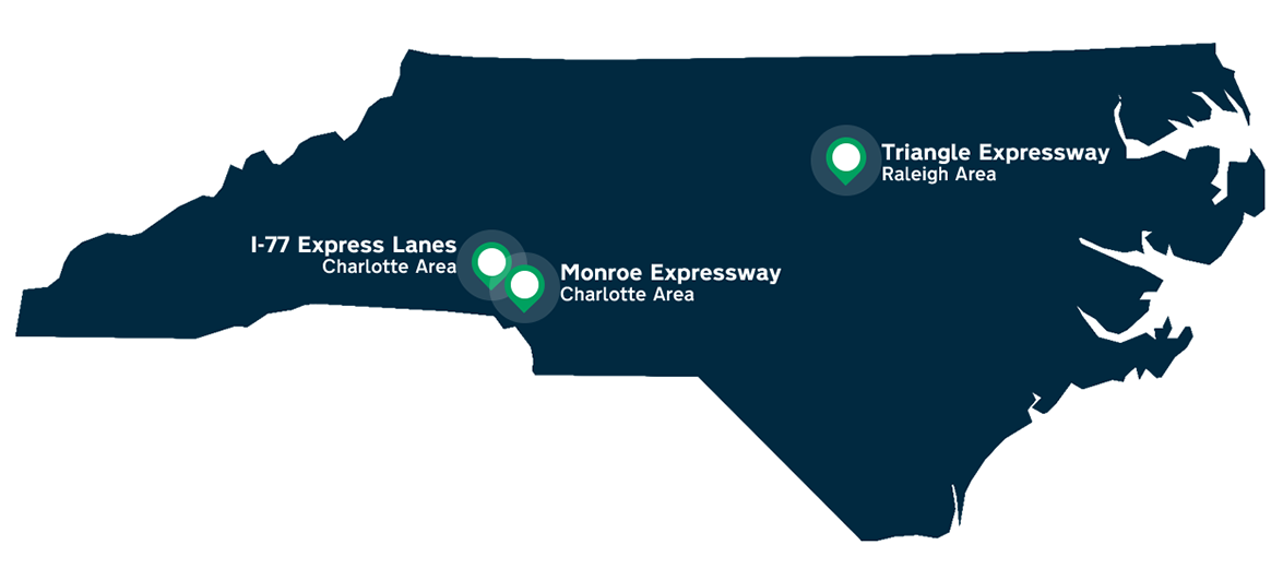 Map of North Carolina with icon showing location of Triangle Expressway in the Raleigh area and Monroe Expressway and I-77 Express Lanes in the Charlotte area.