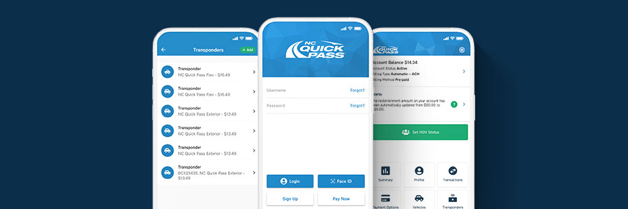 Three phone showing NC Quick Pass app screens on the right.
