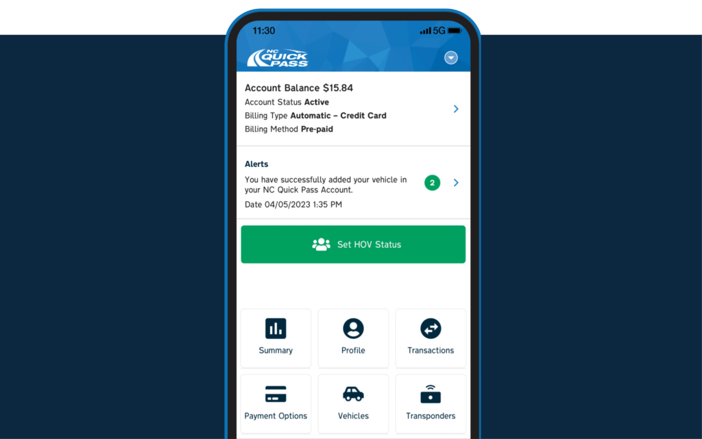 NC Quick Pass home page with Set HOV Status button