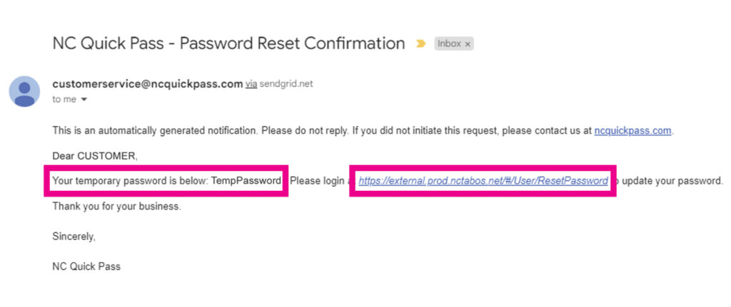 Password reset email and temporary password info and login hyperlink