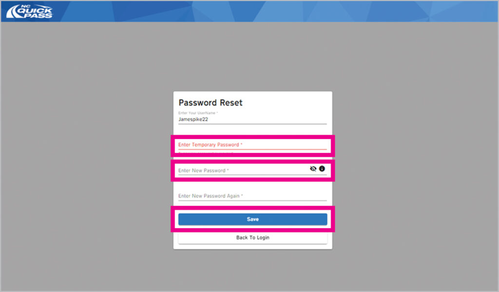 Password reset screen and enter temporary password, enter new password, and save button