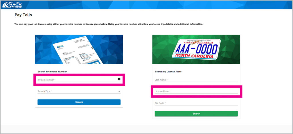 Pay Tolls page and search by invoice number or license plate