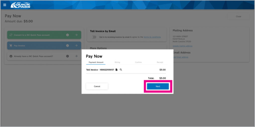 Pay now section and payment amount and next button