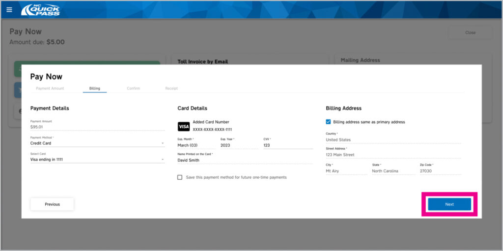 Pay now section and billing and next button