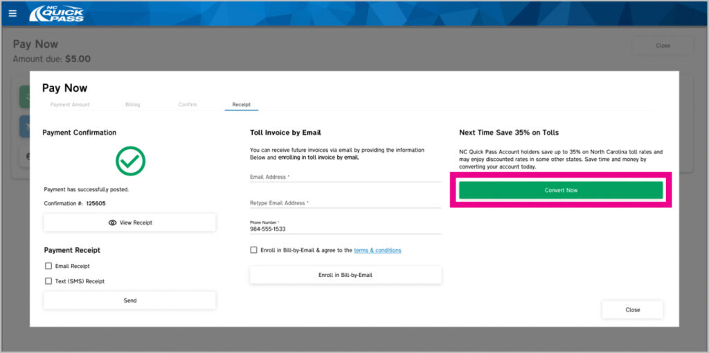 Pay now section and receipt and convert now button