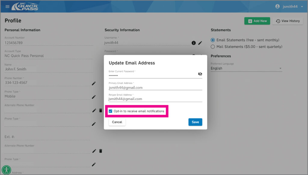 Update Email Address section of account profile