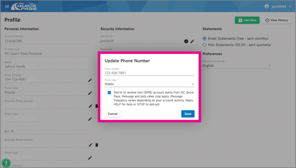 Update Phone Number section of Account Profile