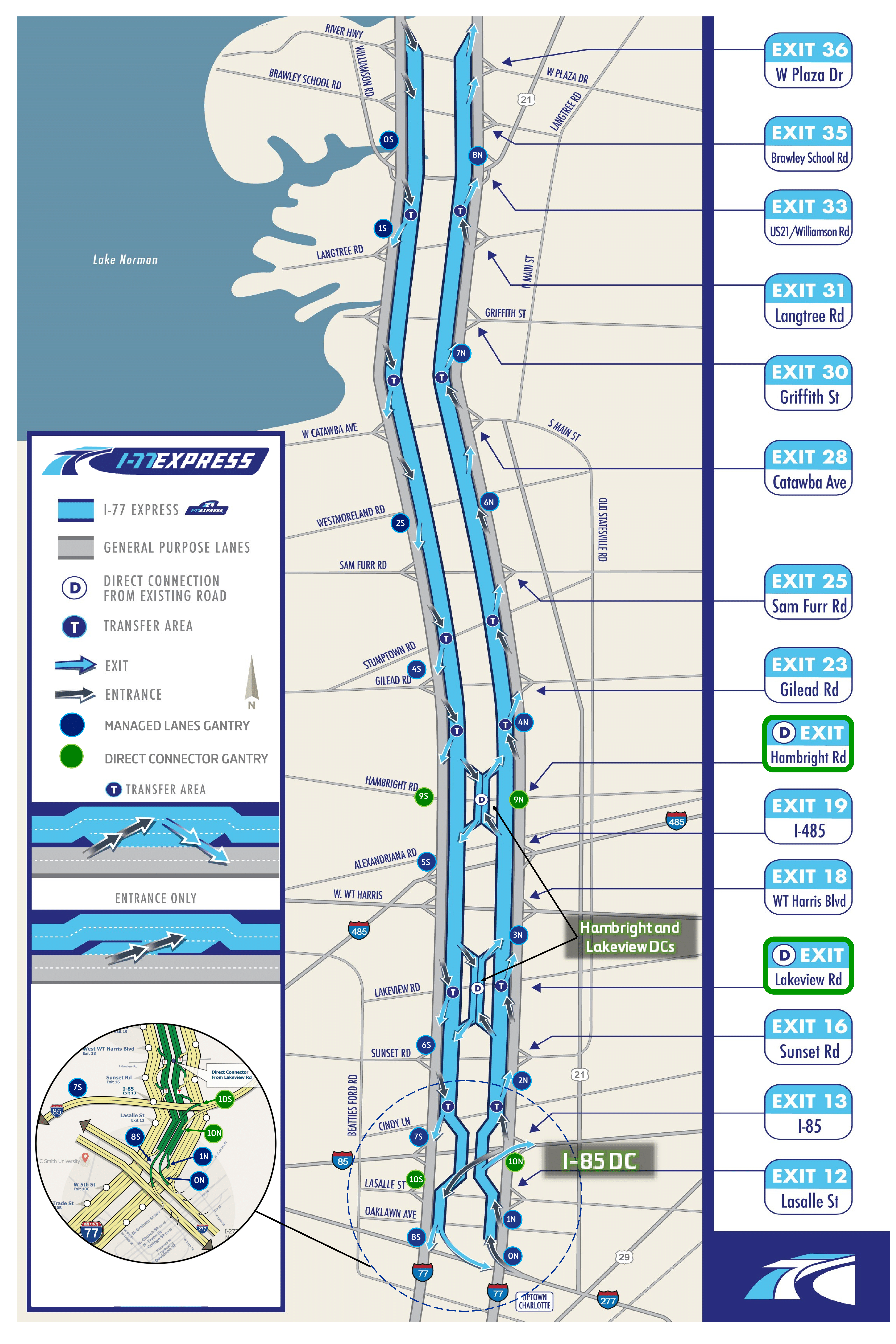 I-77 Express lanes map with direct connects and toll zones