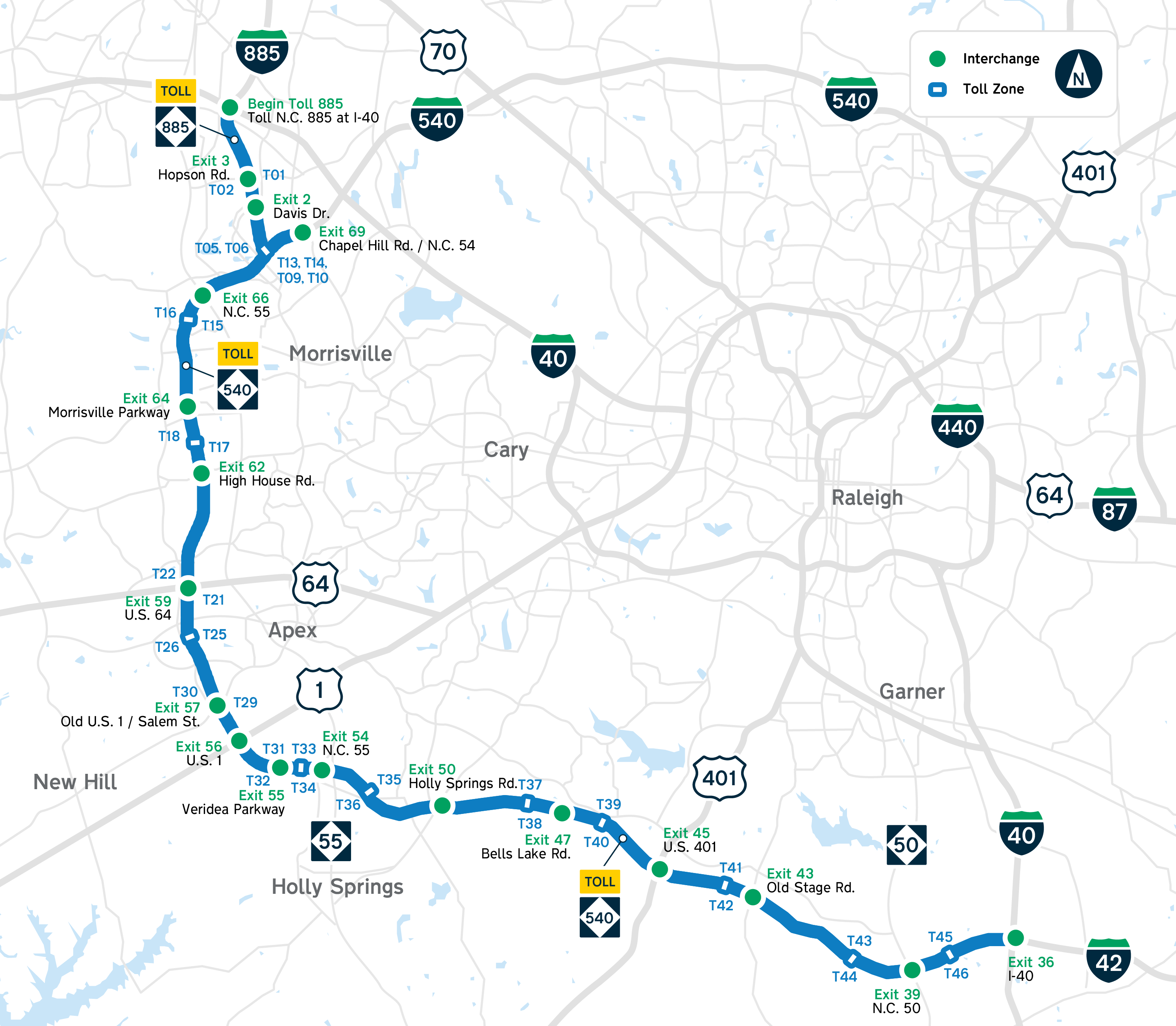 Triangle Expressway map with interchanges and toll zones