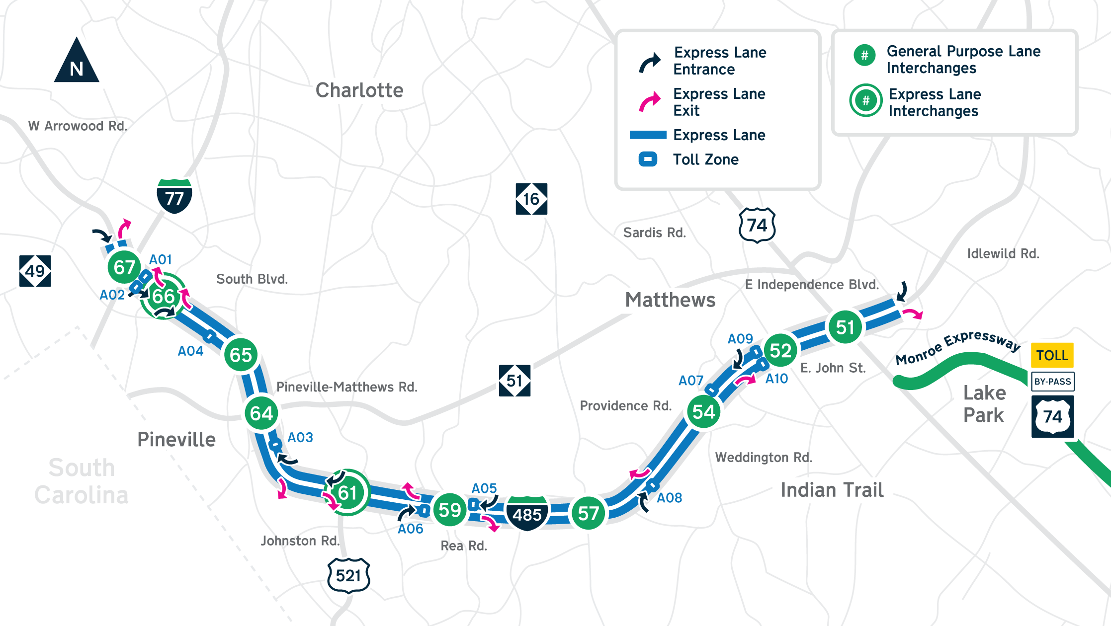 I-485 Express lanes map with direct connects and toll zones