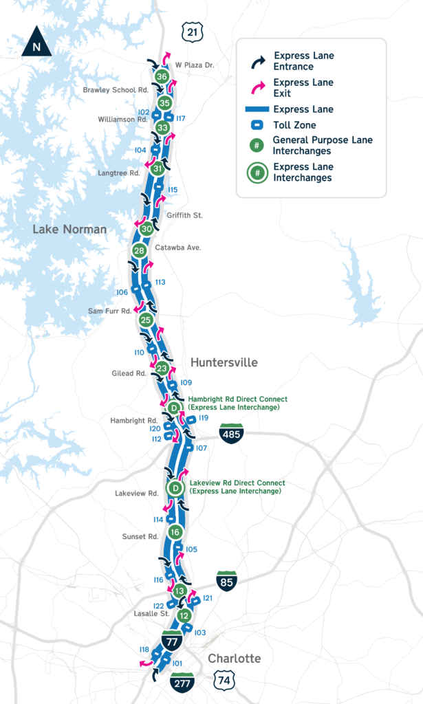 I-77 Express lanes map with direct connects and toll zones