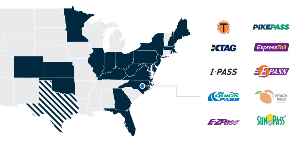 Map of United States with states that NC Quick Pass works with in dark blue and logos for each interoperability partner.